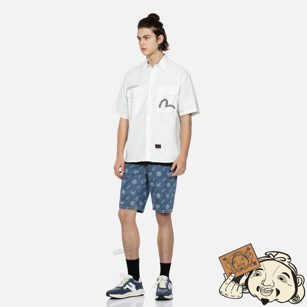 Men Evisu ALLOVER KAMON AND EAGLE PRINT DENIM SHORTS Indigo | 465AZELOT