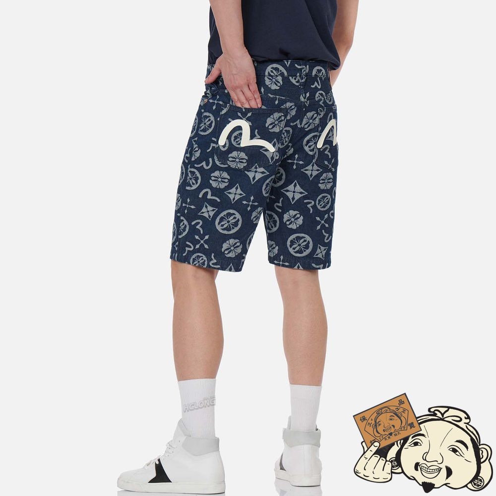 Men Evisu ALLOVER LOGO JACQUARD DENIM SHORTS Indigo | 492TMAFQI