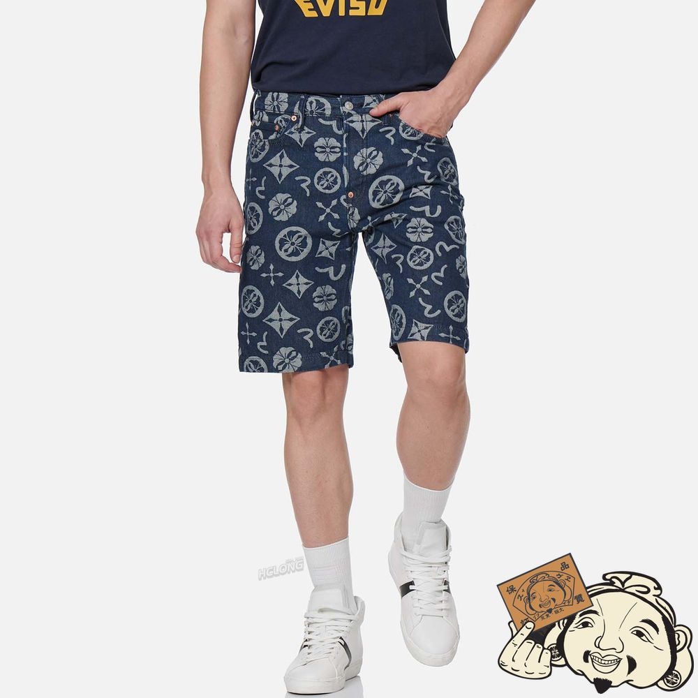 Men Evisu ALLOVER LOGO JACQUARD DENIM SHORTS Indigo | 492TMAFQI