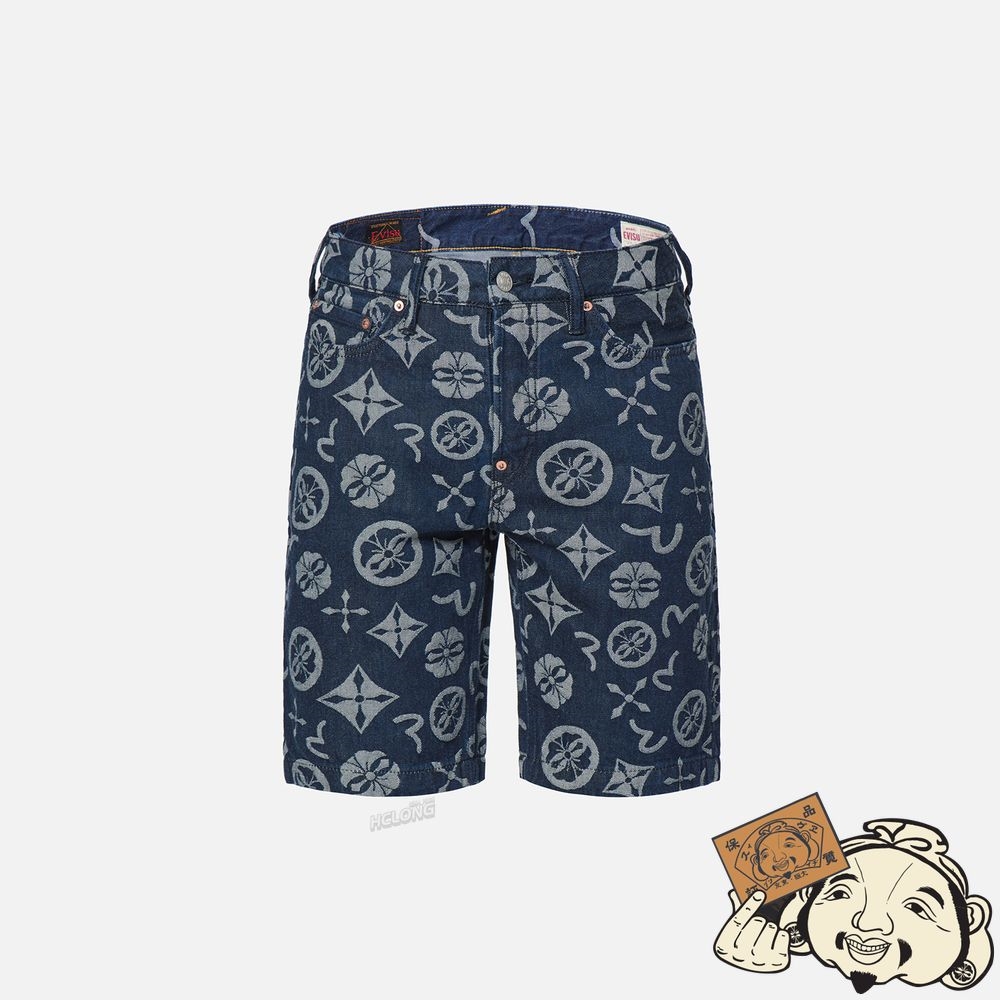 Men Evisu ALLOVER LOGO JACQUARD DENIM SHORTS Indigo | 492TMAFQI