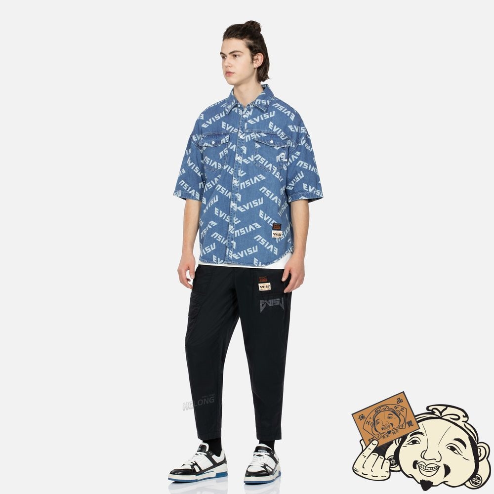 Men Evisu ALLOVER LOGO PRINT DENIM SHIRT Bleu | 906WGMIZR