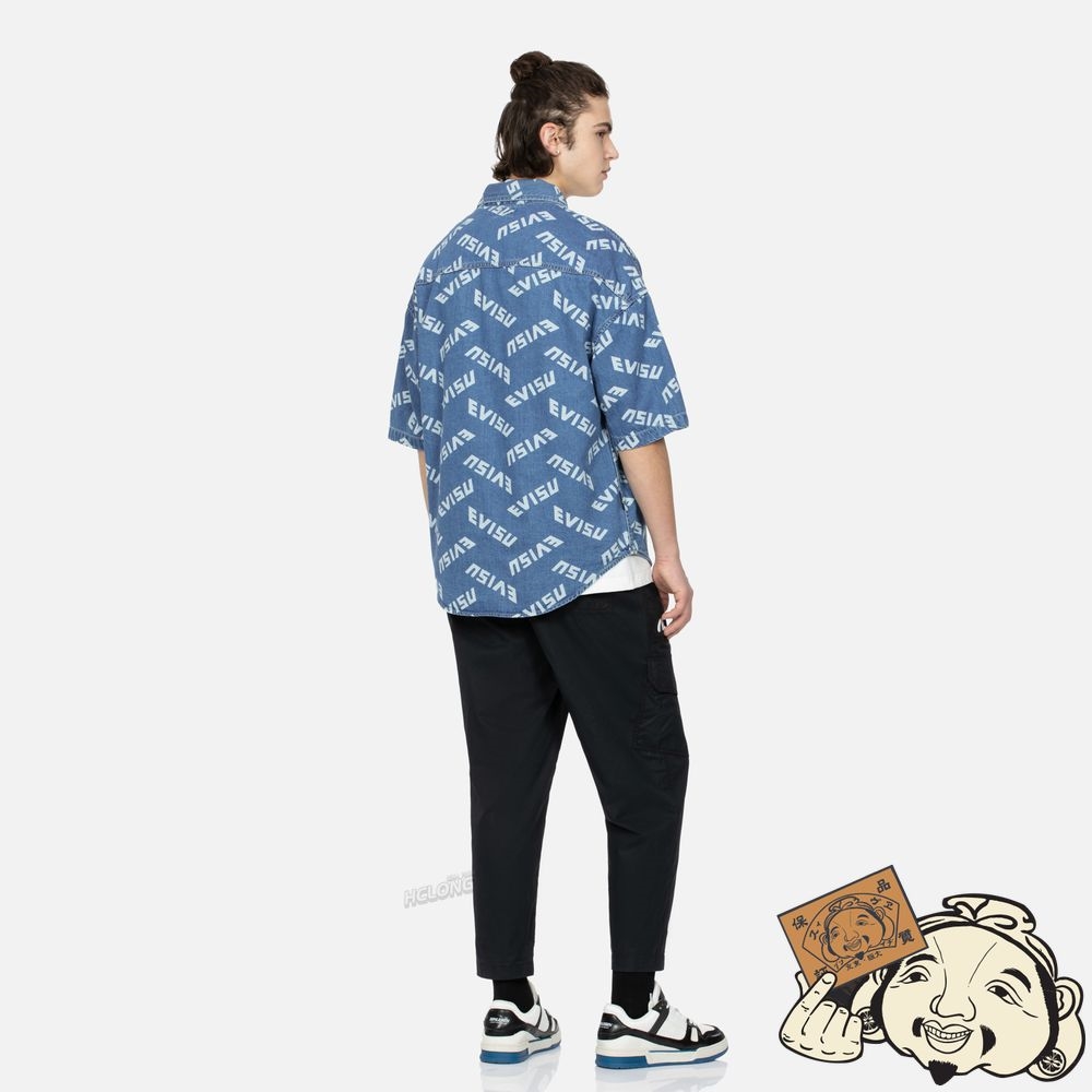 Men Evisu ALLOVER LOGO PRINT DENIM SHIRT Bleu | 906WGMIZR