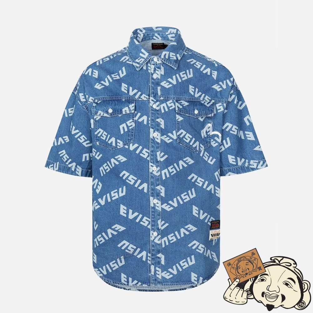 Men Evisu ALLOVER LOGO PRINT DENIM SHIRT Bleu | 906WGMIZR