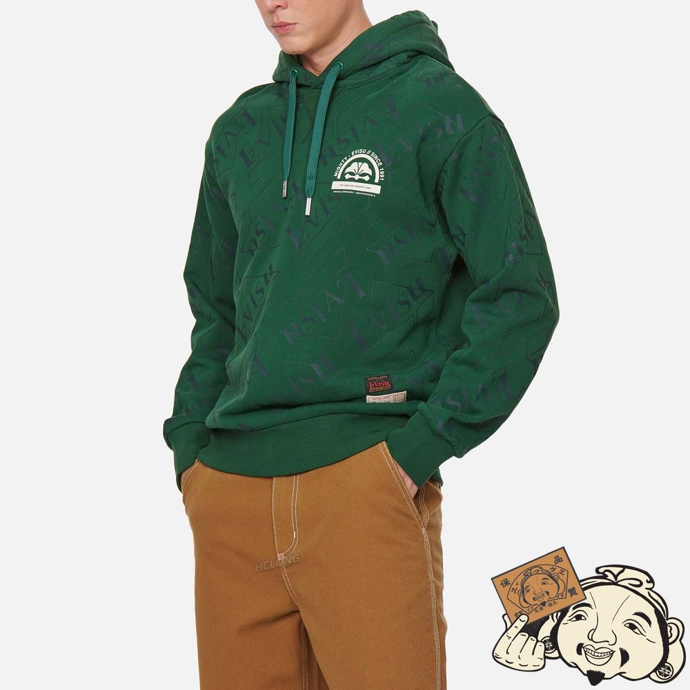 Men Evisu ALLOVER LOGO PRINT HOODED SWEATSHIRT Vert | 456CPWHUE