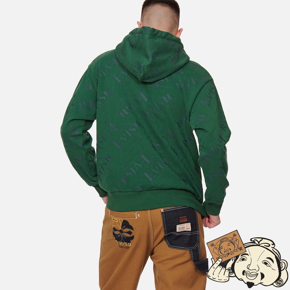 Men Evisu ALLOVER LOGO PRINT HOODED SWEATSHIRT Vert | 456CPWHUE