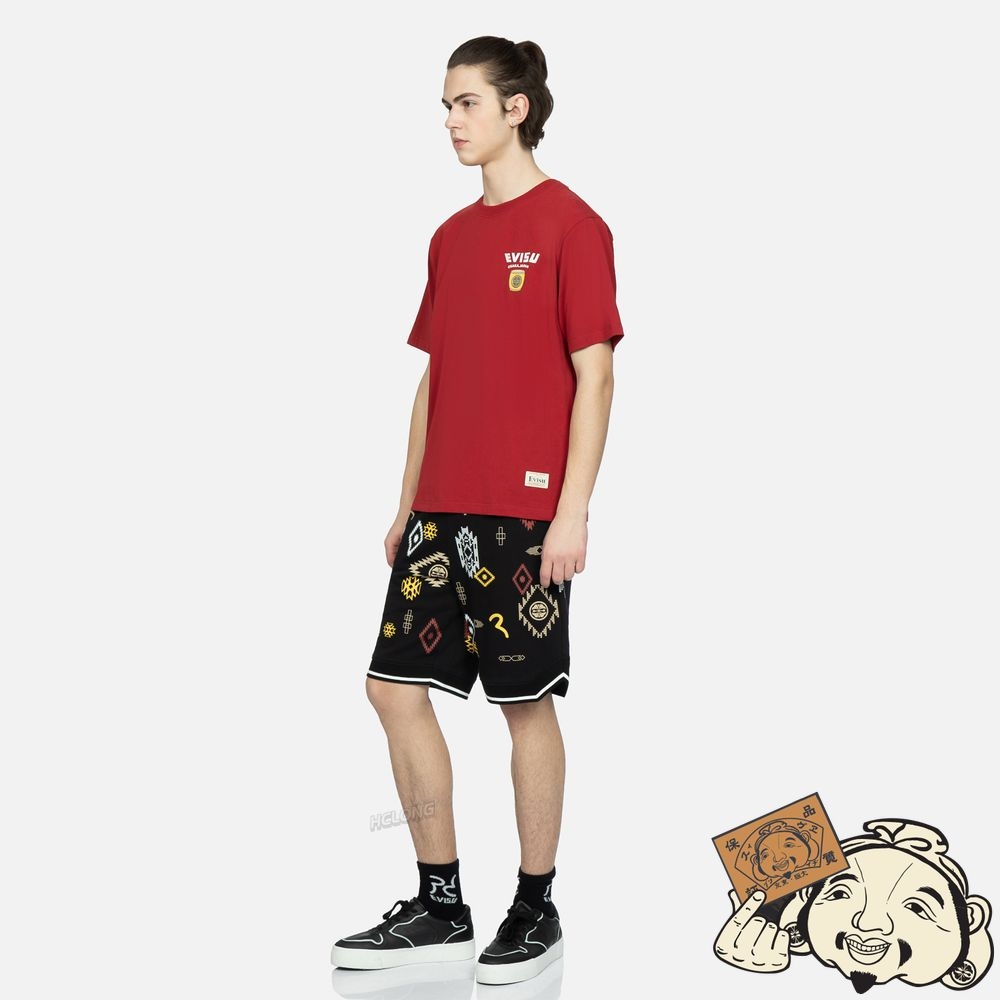 Men Evisu ALLOVER NOMADIC-PATTERN PRINT SWEAT SHORTS Noir | 968ARZYLX