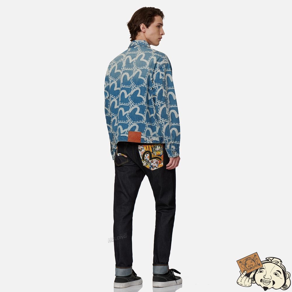 Men Evisu ALLOVER POCKET GRAPHIC DISCHARGED PRINT DENIM JACKET Indigo | 730YLOJPW