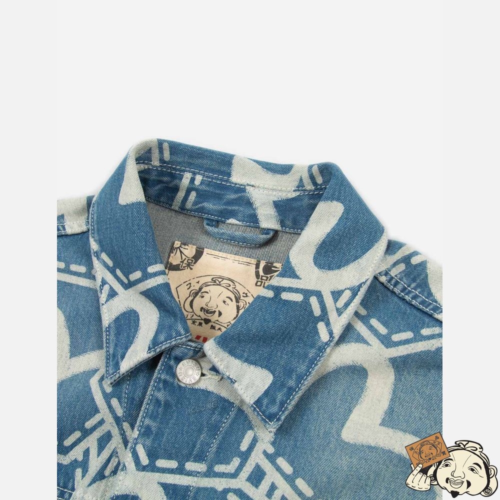 Men Evisu ALLOVER POCKET GRAPHIC DISCHARGED PRINT DENIM JACKET Indigo | 730YLOJPW