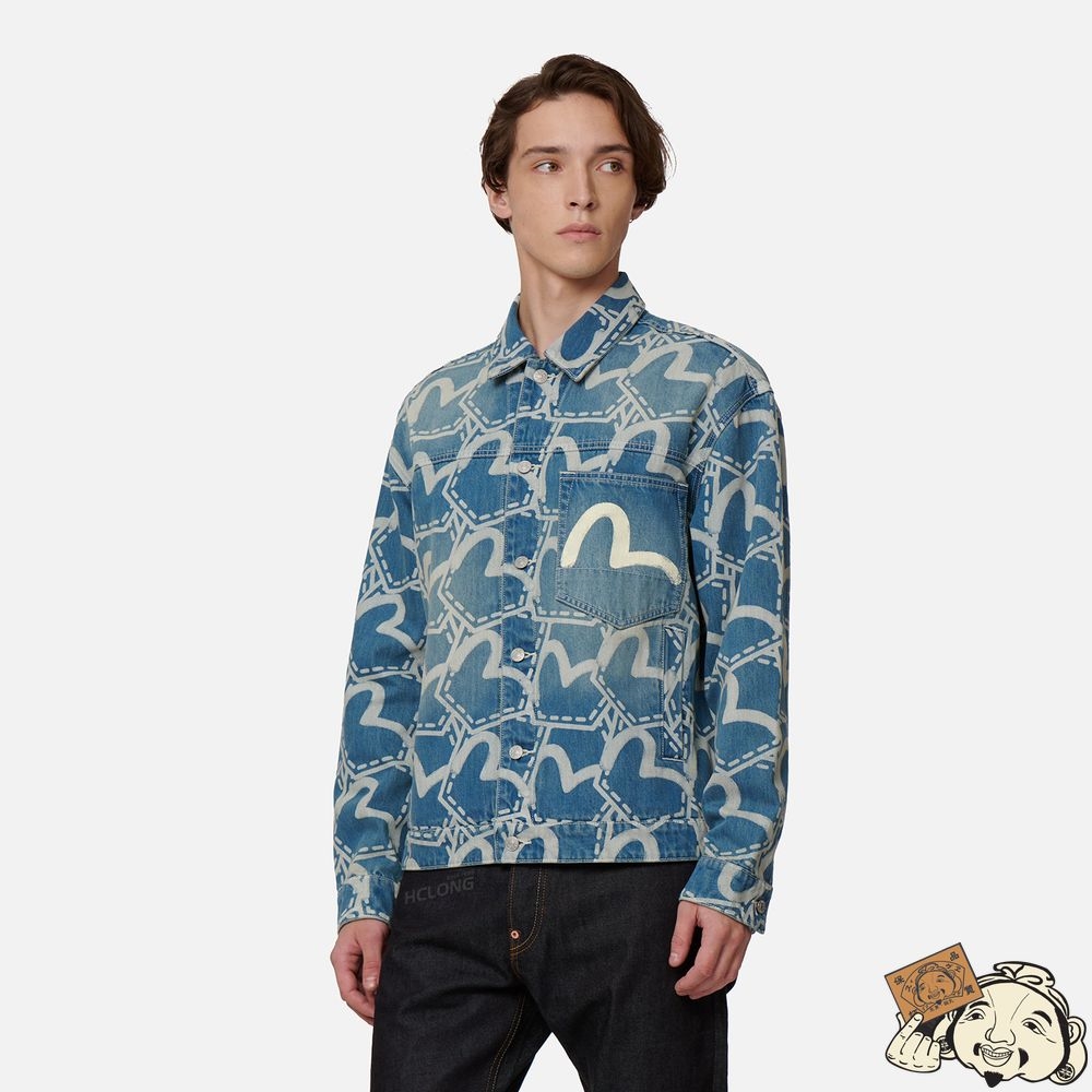 Men Evisu ALLOVER POCKET GRAPHIC DISCHARGED PRINT DENIM JACKET Indigo | 730YLOJPW