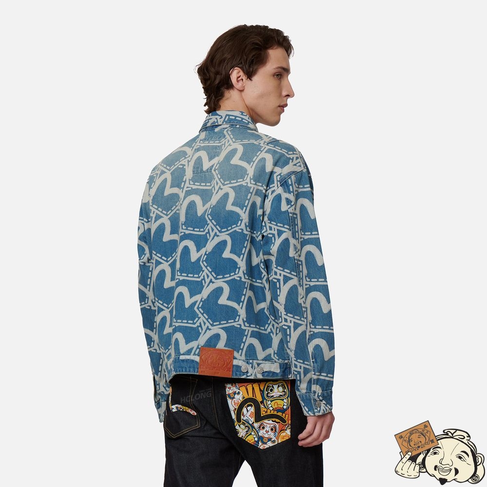Men Evisu ALLOVER POCKET GRAPHIC DISCHARGED PRINT DENIM JACKET Indigo | 730YLOJPW