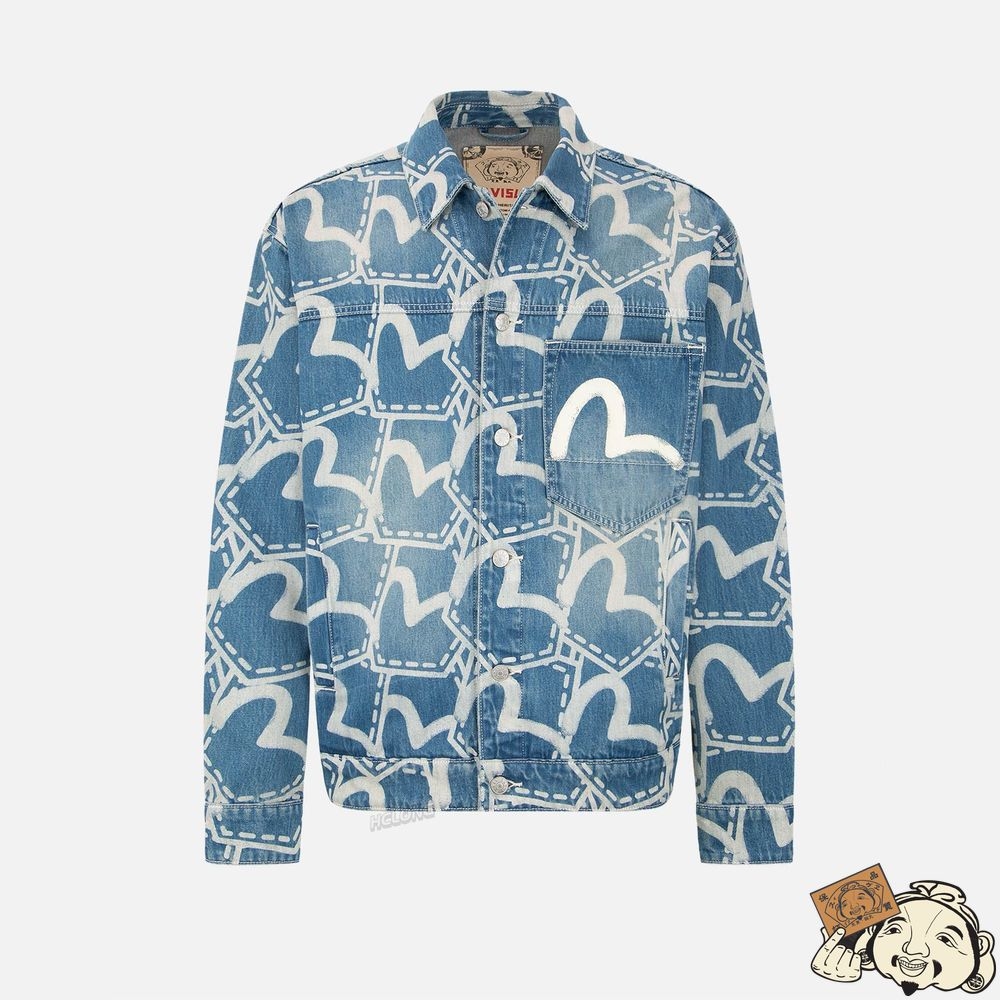 Men Evisu ALLOVER POCKET GRAPHIC DISCHARGED PRINT DENIM JACKET Indigo | 730YLOJPW