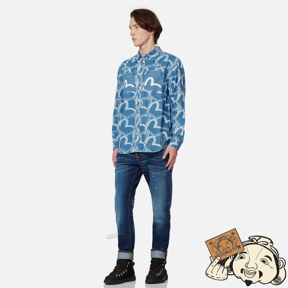 Men Evisu ALLOVER POCKET GRAPHIC PRINT DENIM SHIRT Indigo | 203IGZPAO