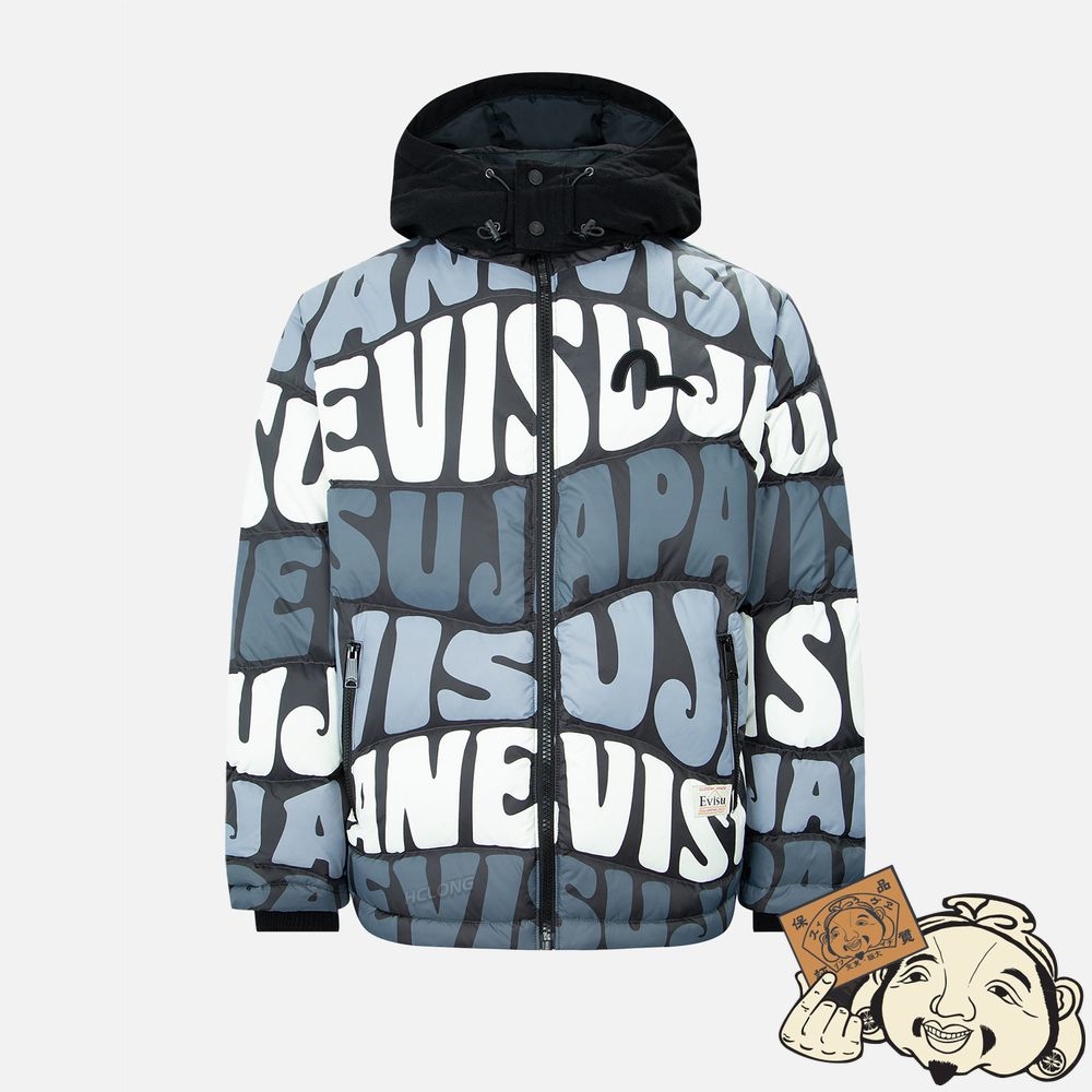 Men Evisu ALLOVER WAVY TEXT PRINT DOWN JACKET Noir | 913ILDNOQ