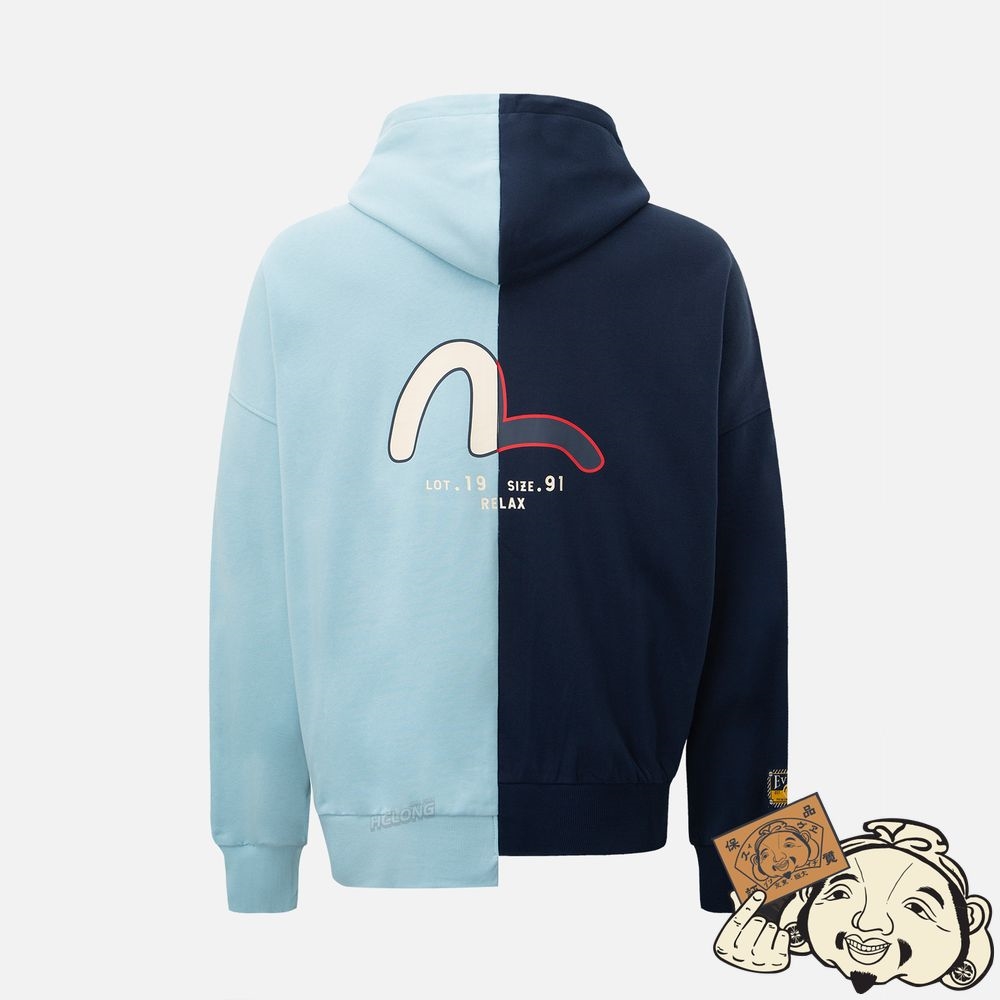 Men Evisu ASYMMETRIC TWO-TONE HOODED SWEATSHIRT Bleu Marine | 703BRYWCM