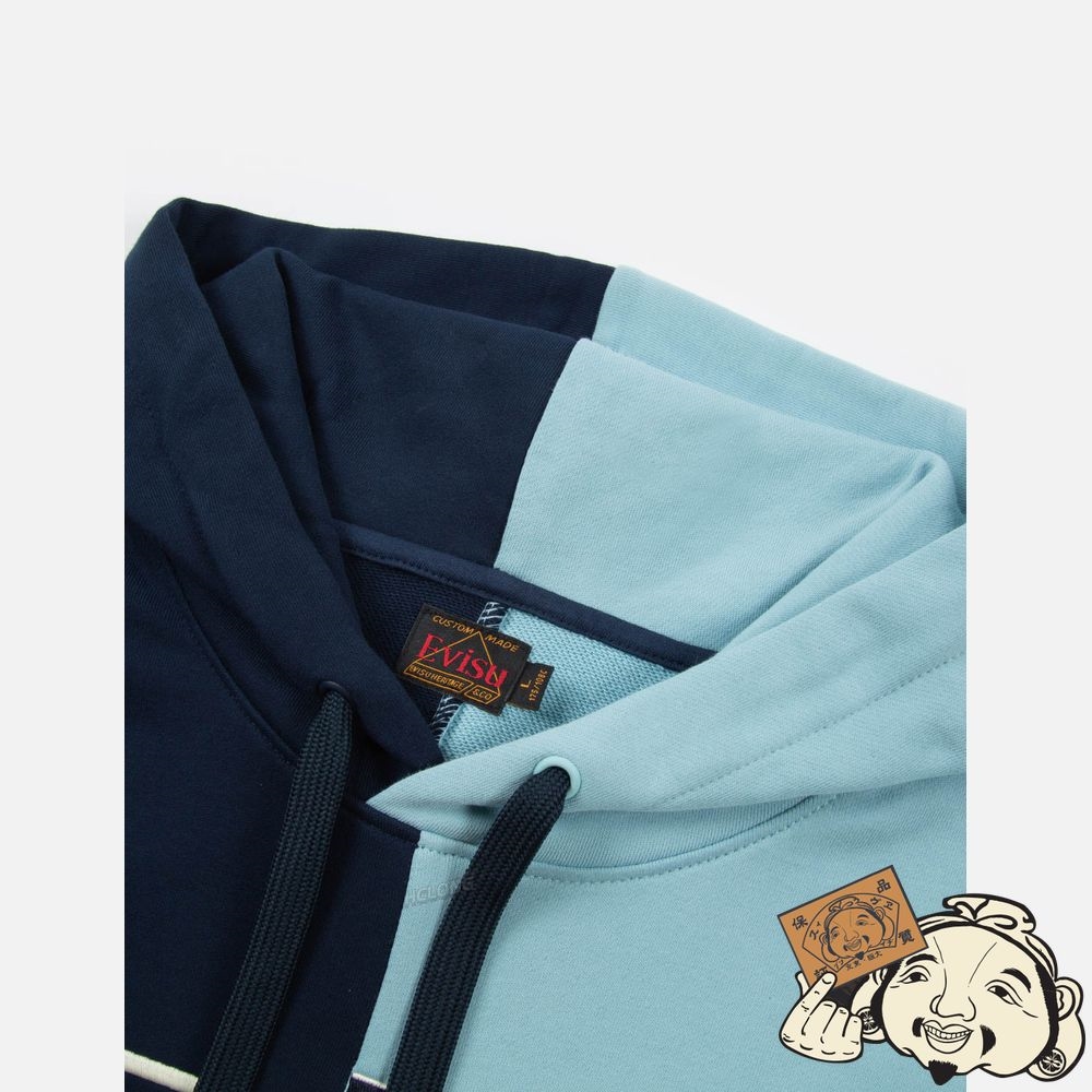 Men Evisu ASYMMETRIC TWO-TONE HOODED SWEATSHIRT Bleu Marine | 703BRYWCM