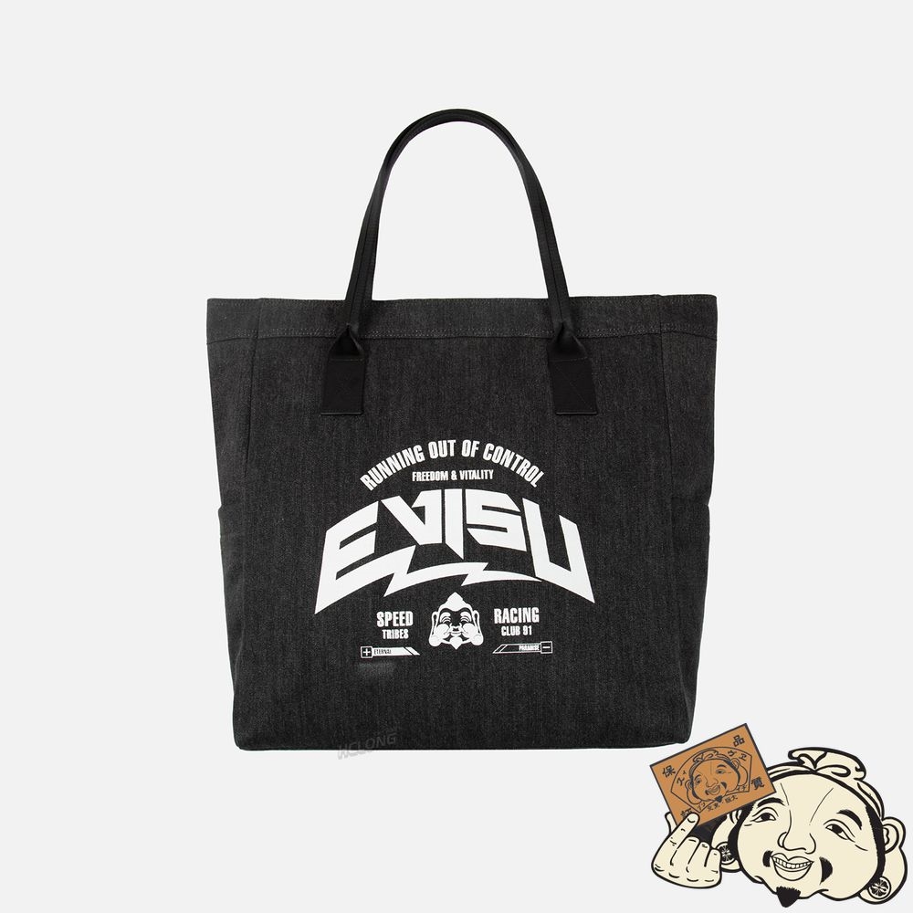 Men Evisu AUTO-RACING STYLE LOGO PRINT DENIM TOTE BAG Noir | 643ZHKDRV