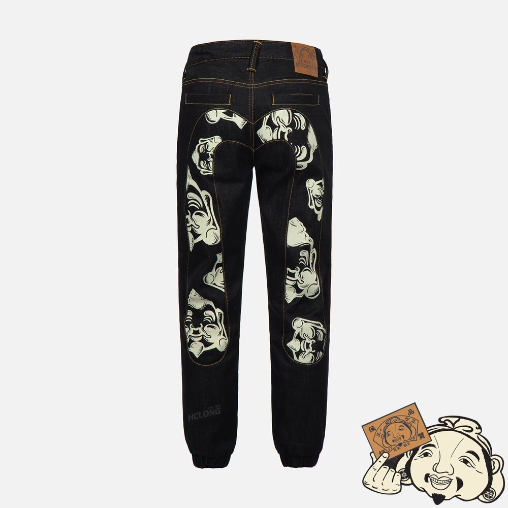 Men Evisu BRANDING JACQUARD DAICOCK INSERT DENIM JOGGER PANTS Indigo | 485OQAILW
