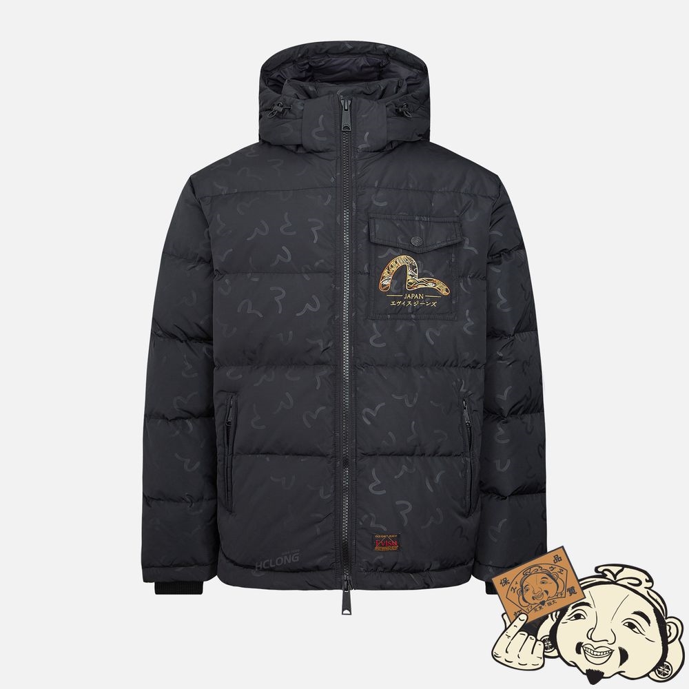 Men Evisu BRAND MOTTO PRINT DOWN JACKET Noir | 489YAXLES
