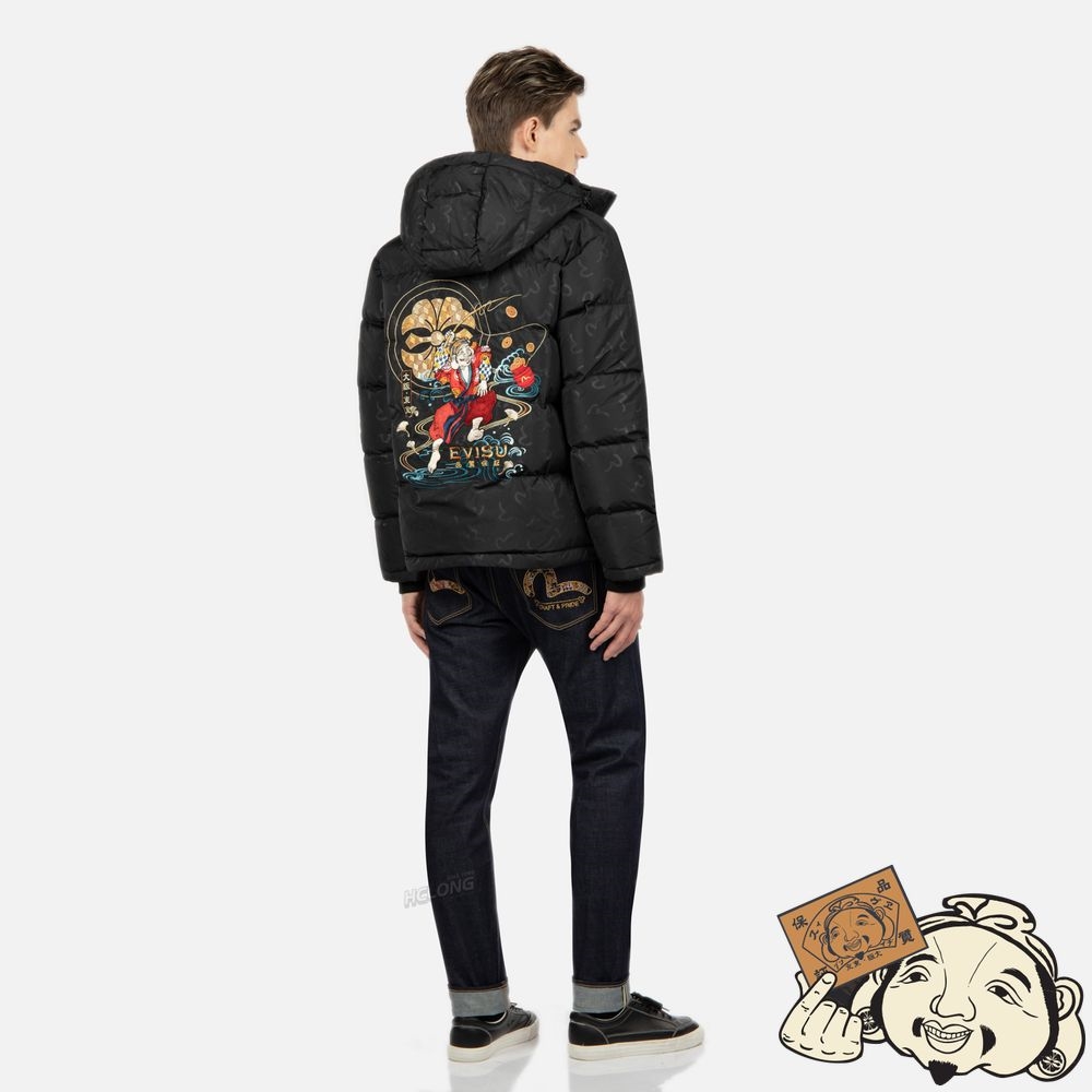 Men Evisu BRAND MOTTO PRINT DOWN JACKET Noir | 489YAXLES