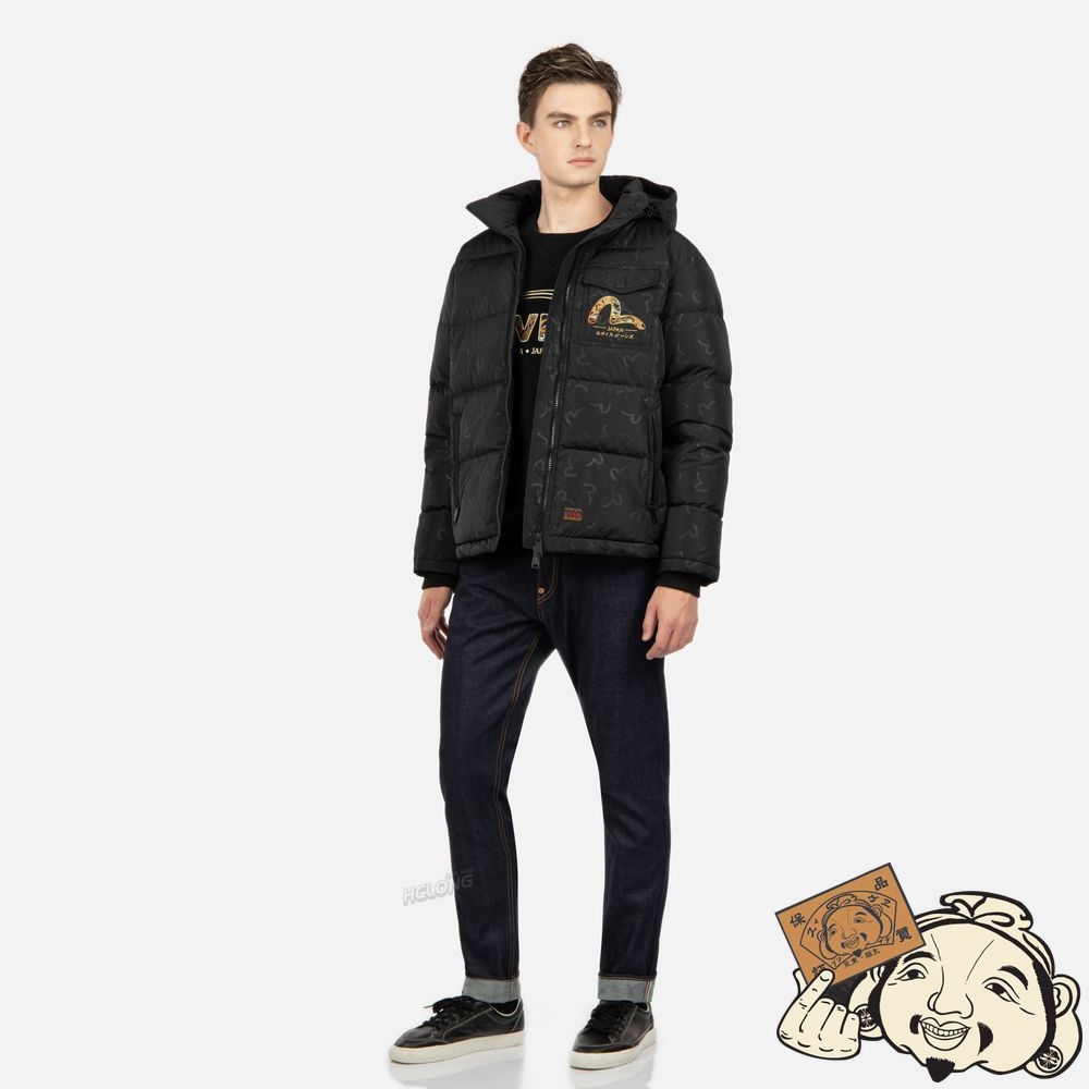 Men Evisu BRAND MOTTO PRINT DOWN JACKET Noir | 489YAXLES