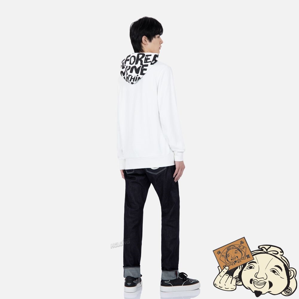 Men Evisu BRAND MOTTO PRINT HOODED SWEATSHIRT Blanche | 246EQZHMB