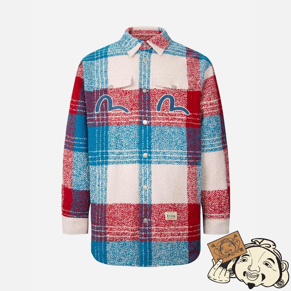 Men Evisu CHECKED WOOL-MIX SHIRT JACKET CHECK | 842DGUQOR