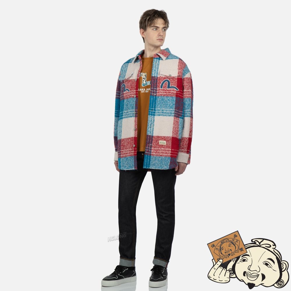 Men Evisu CHECKED WOOL-MIX SHIRT JACKET CHECK | 842DGUQOR