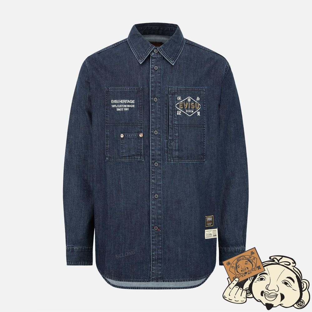 Men Evisu CLASSIC DAICOCK PRINT DENIM SHIRT Indigo | 695XIDWJG