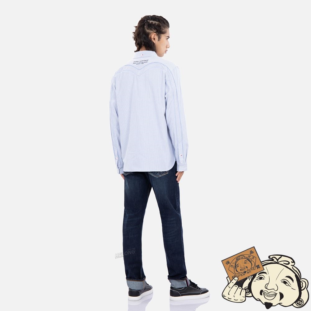 Men Evisu DAICOCK INSERT STRIPED OXFORD SHIRT Indigo | 218HUBFIA