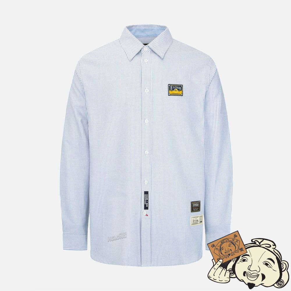 Men Evisu DAICOCK INSERT STRIPED OXFORD SHIRT Indigo | 218HUBFIA