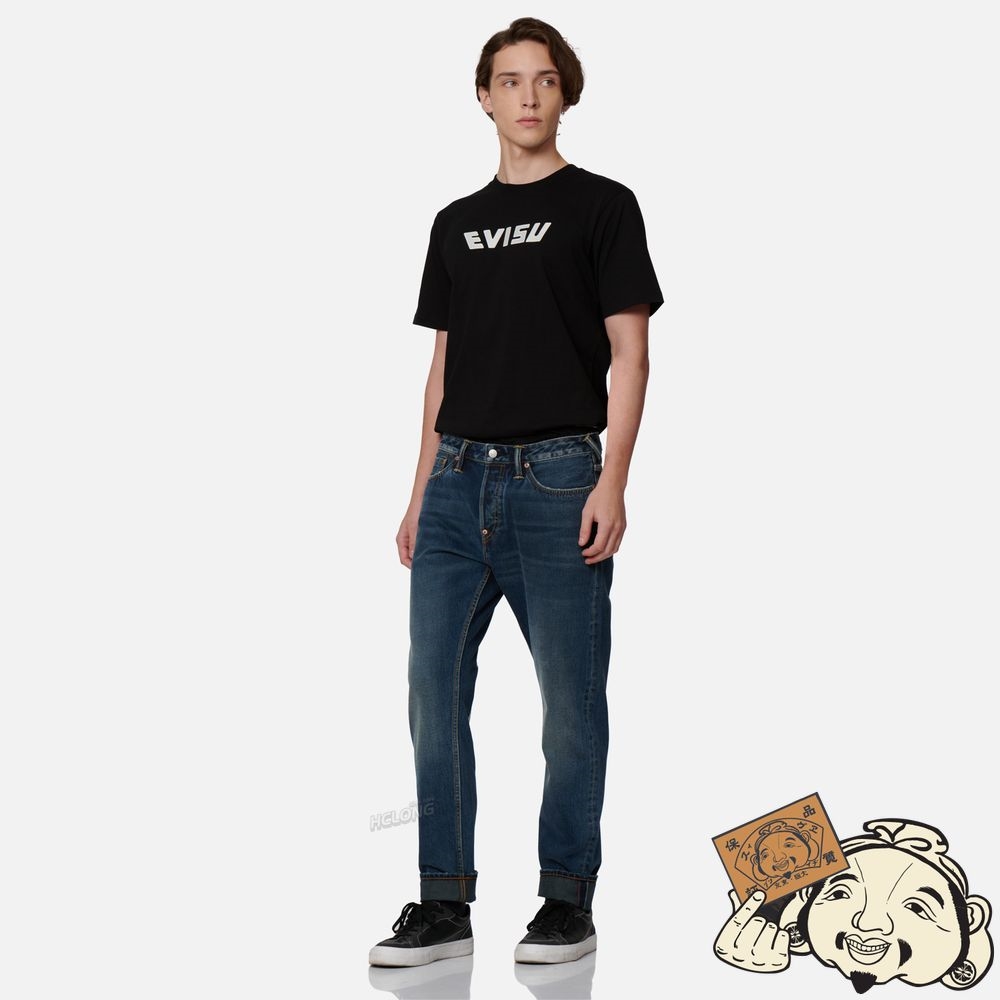 Men Evisu DAICOCK WITH TEAR-OFF POSTER PRINT CARROT-FIT JEANS #2017 Indigo | 908VODUEP