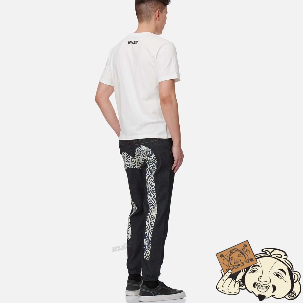 Men Evisu DARUMA BUDDIES DAICOCK PRINT DENIM JOGGER PANTS Indigo | 108JOWVEQ