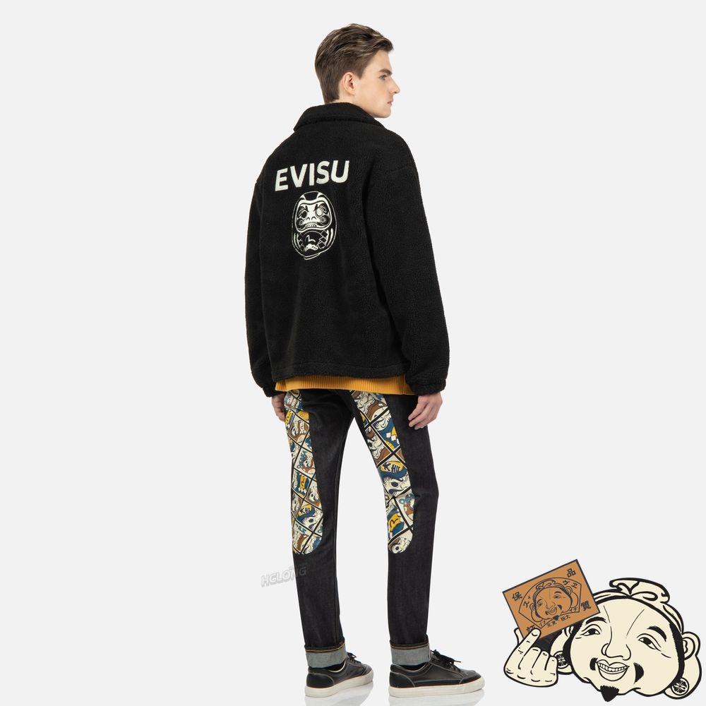 Men Evisu DARUMA SHERPA JACKET Noir | 604YNSZPB