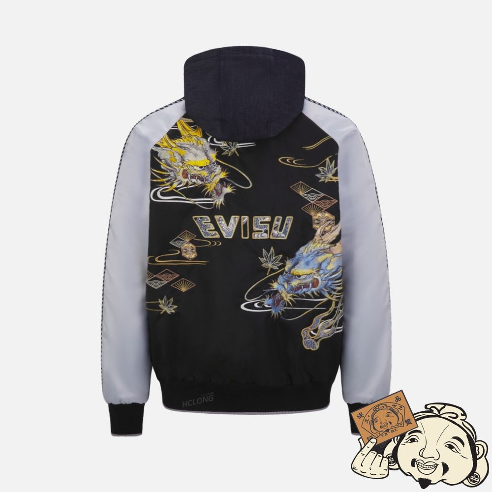 Men Evisu DRAGON EMBROIDERED FABRIC BLOCKING PADDED SOUVENIR JACKET Noir | 246MYRLNX