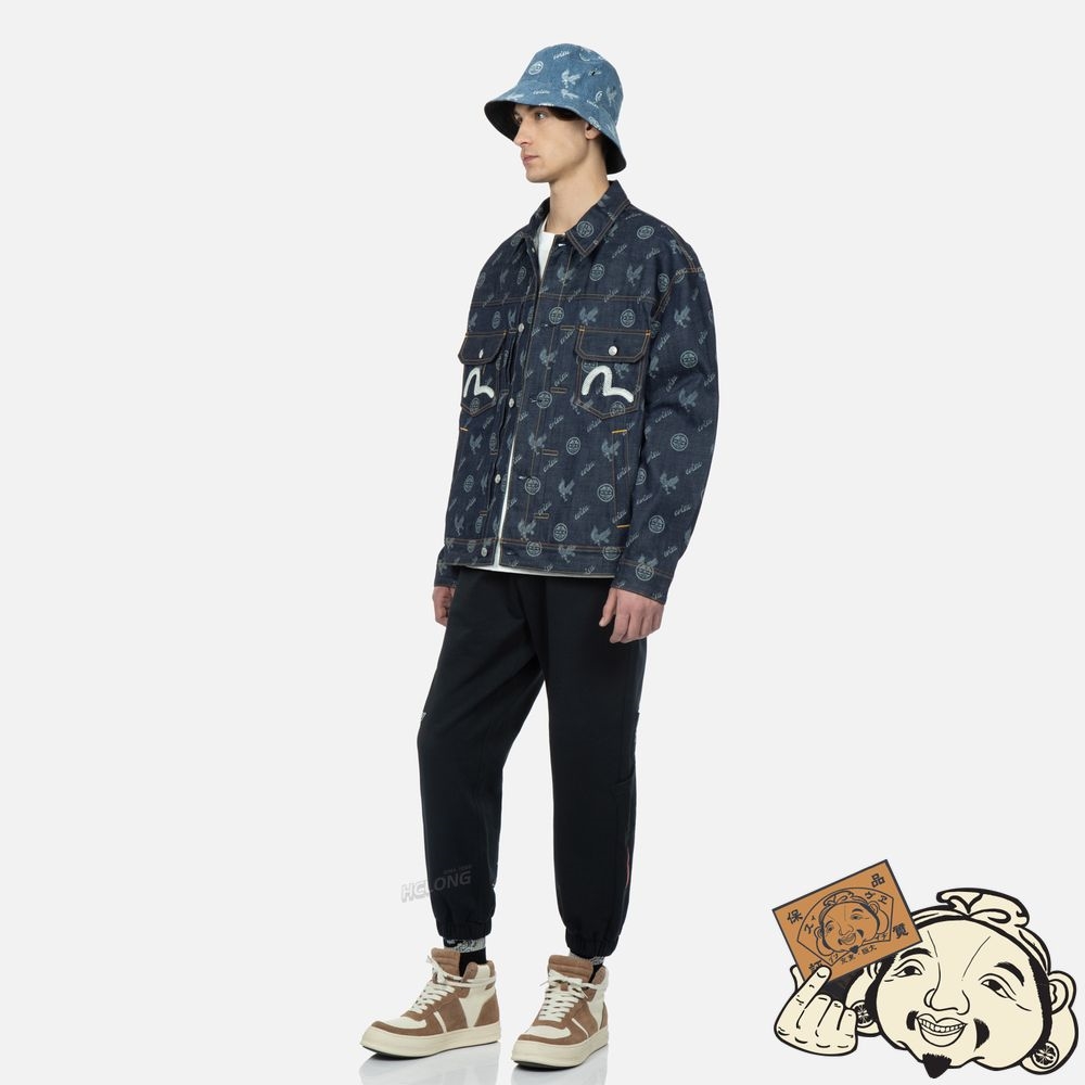 Men Evisu Eagle and Kamon Allover Discharged Print Denim Jacket Indigo | 031NTGXHP