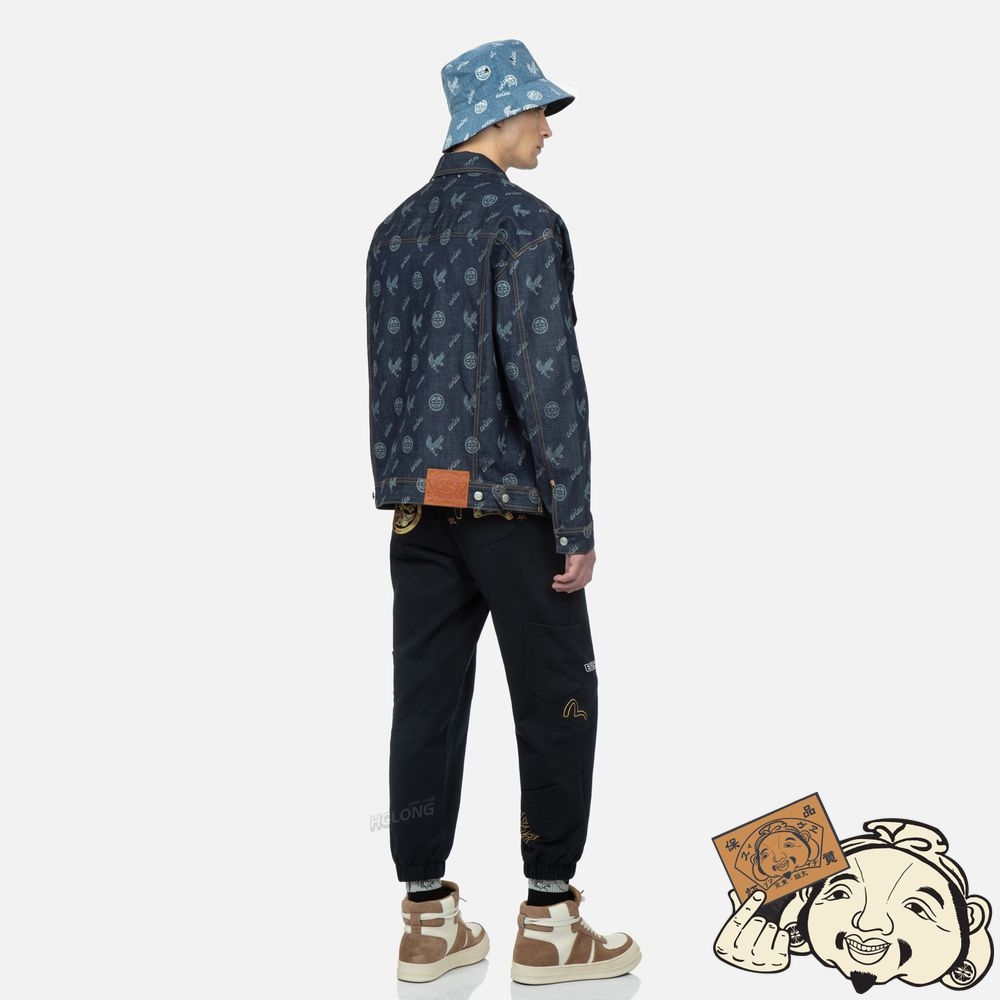 Men Evisu Eagle and Kamon Allover Discharged Print Denim Jacket Indigo | 031NTGXHP