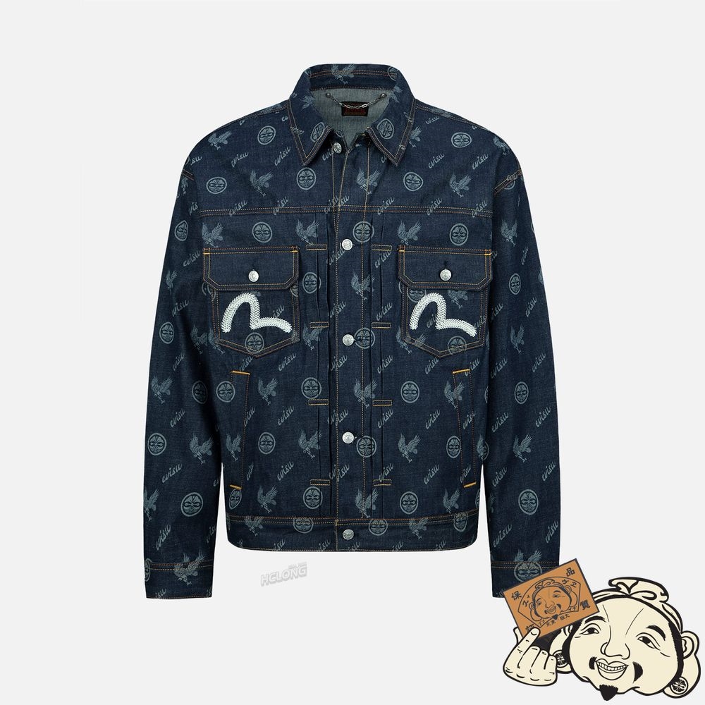 Men Evisu Eagle and Kamon Allover Discharged Print Denim Jacket Indigo | 031NTGXHP