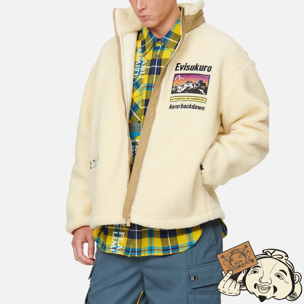Men Evisu FABRIC BLOCKING SHERPA FLEECE ZIP-UP JACKET Beige | 815KFCUPB