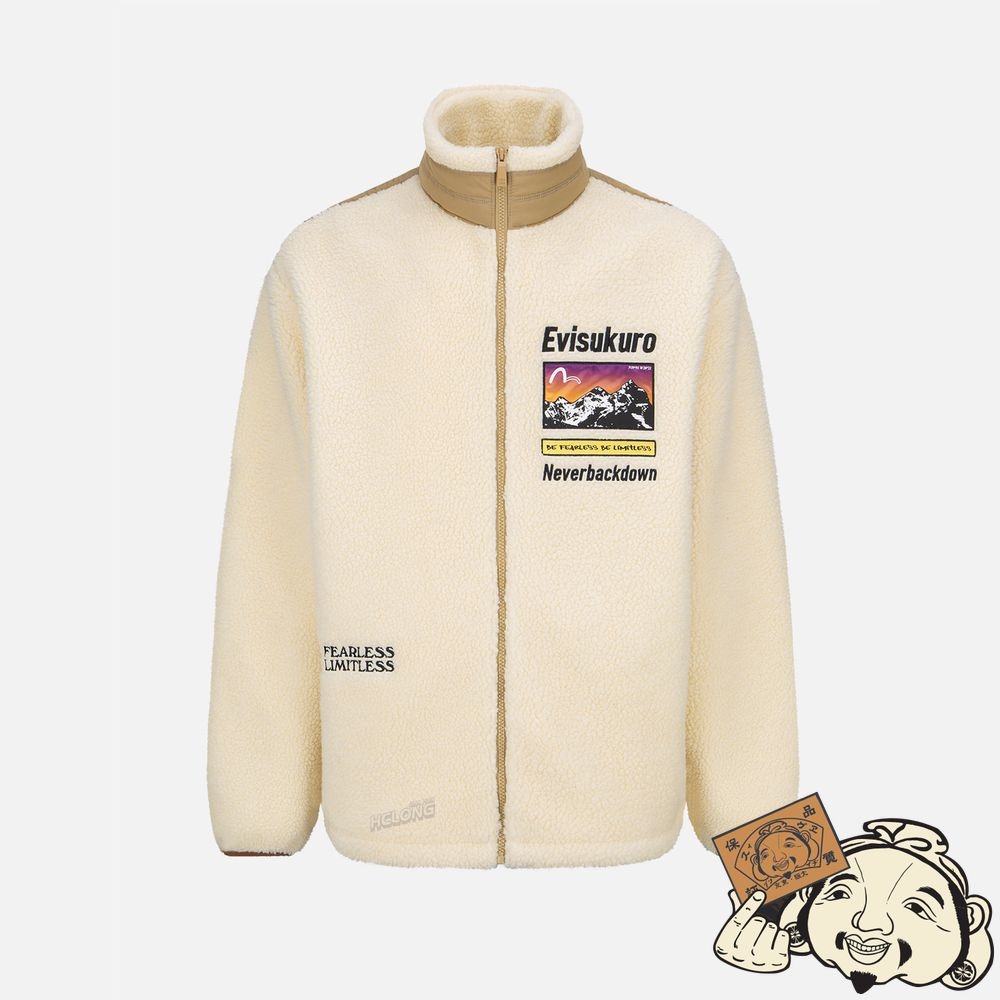 Men Evisu FABRIC BLOCKING SHERPA FLEECE ZIP-UP JACKET Beige | 815KFCUPB