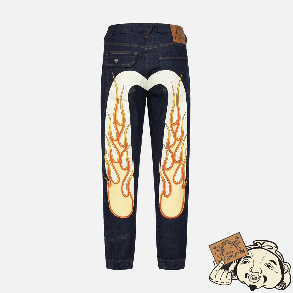 Men Evisu FLAME DAICOCK PRINT SIDE ZIPPED DENIM JOGGER PANTS Indigo | 291XCAUSP