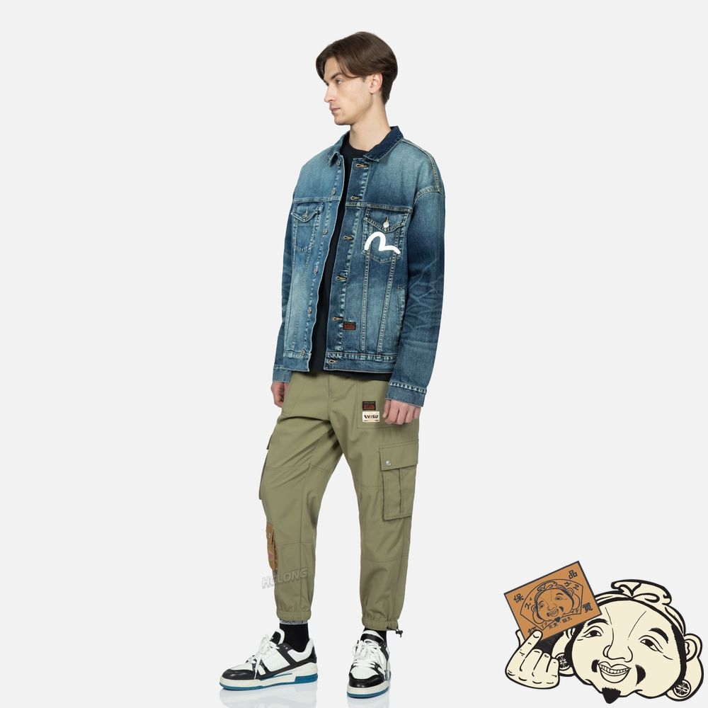 Men Evisu FLAME LOGO EMBROIDERY HALF & HALF DENIM JACKET Indigo | 870QRWSKL