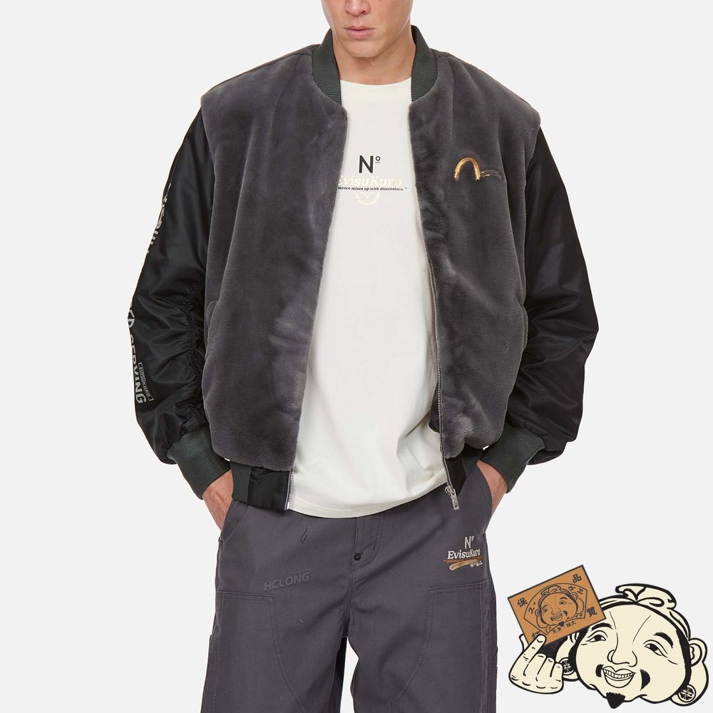 Men Evisu FUR PANEL PADDED BOMBER JACKET Grise | 062FYWAGR