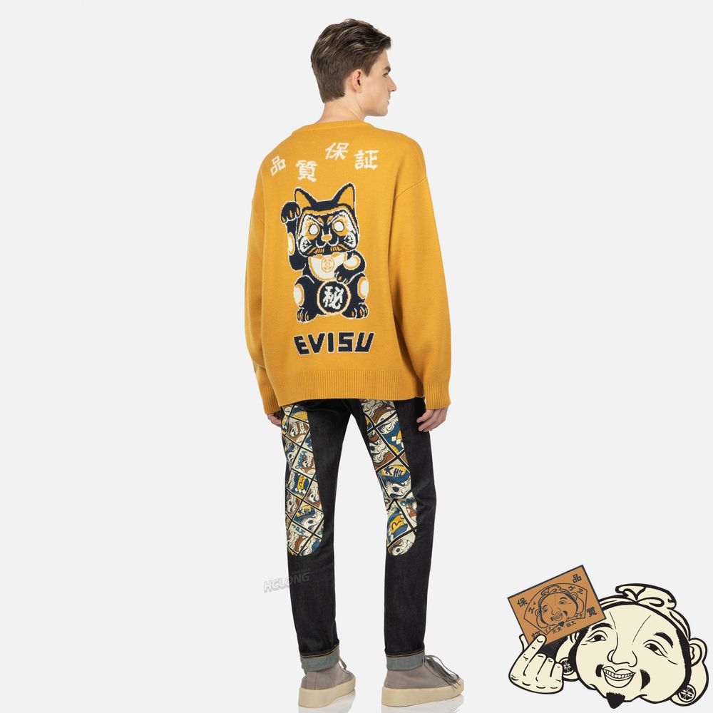 Men Evisu Fortune Cat Intarsia-Knit Pull Jaune | 396TEMVOW