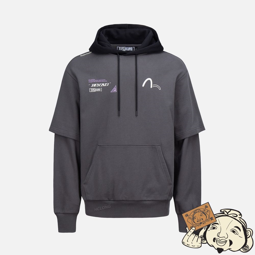 Men Evisu GLOWING KAMON PRINT MOCK 2-IN-1 HOODIE Grise | 846UENVRF