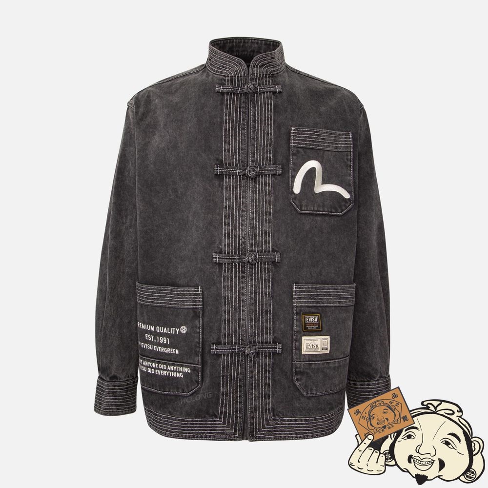 Men Evisu GODHEAD APPLIQUÉ DENIM CHINESE JACKET Noir | 130AWZTCE