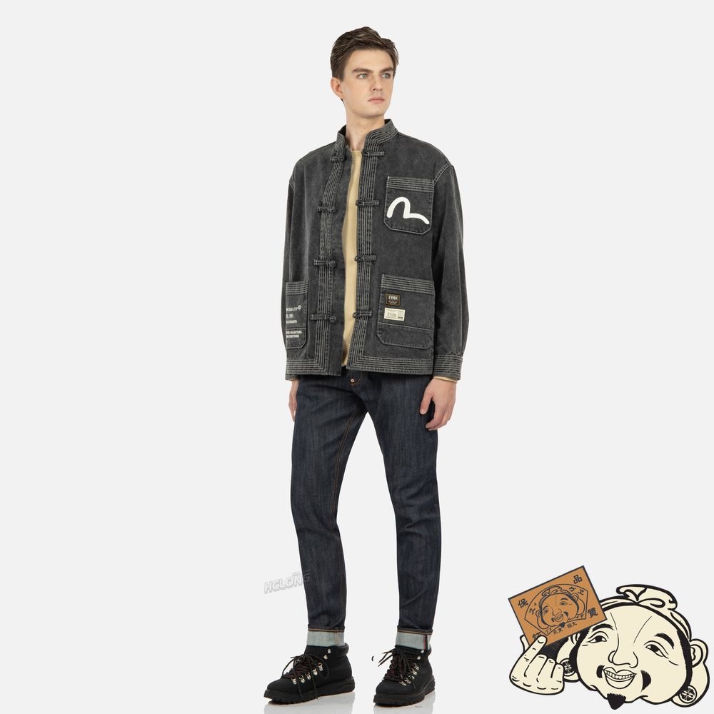 Men Evisu GODHEAD APPLIQUÉ DENIM CHINESE JACKET Noir | 130AWZTCE