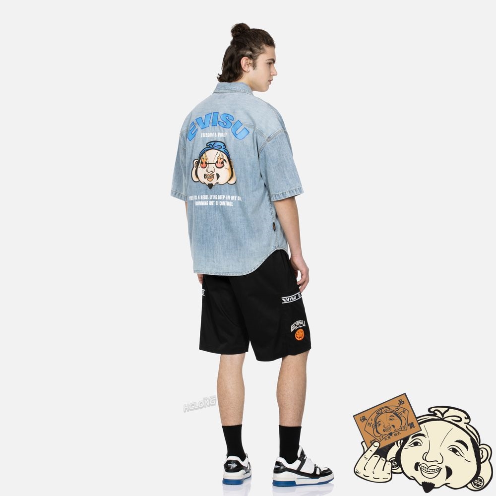 Men Evisu GODHEAD PRINT DENIM SHIRT Indigo | 167DGFAMK