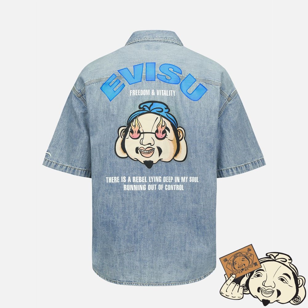 Men Evisu GODHEAD PRINT DENIM SHIRT Indigo | 167DGFAMK