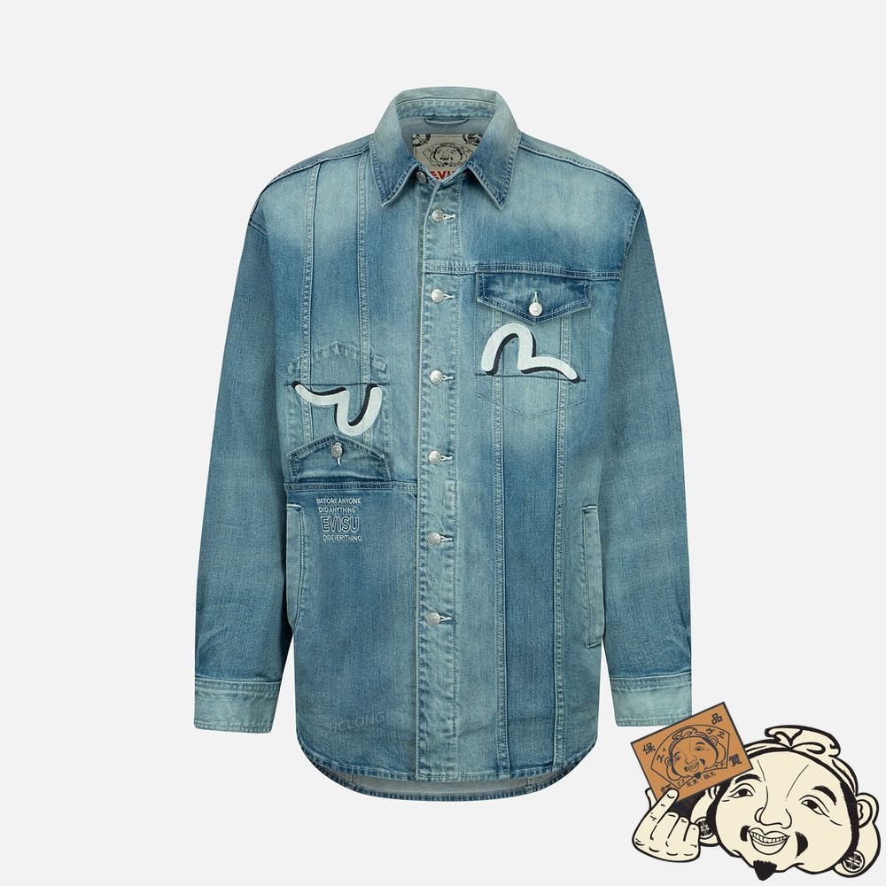 Men Evisu GRAFFITI DARMA GRID GRAPHIC PRINT DENIM SHIRT JACKET Indigo | 032WEKVUZ