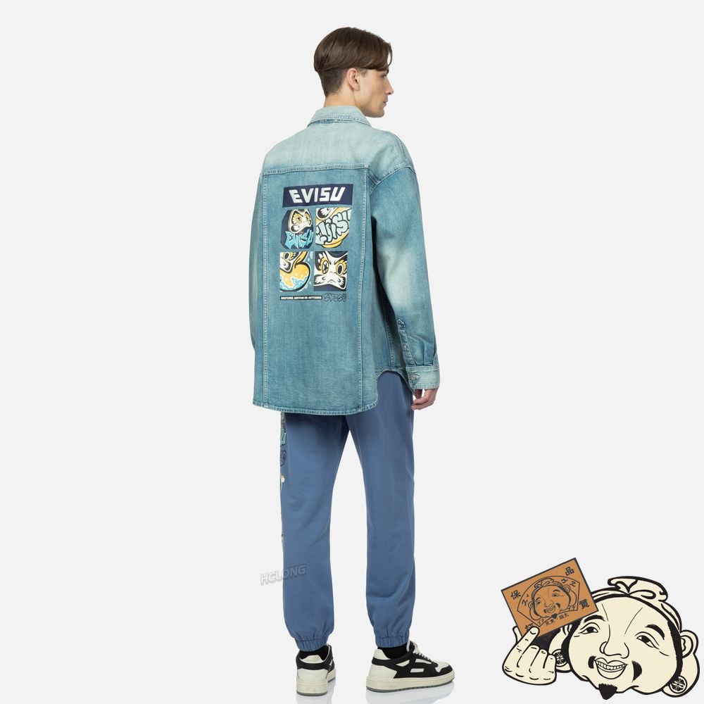 Men Evisu GRAFFITI DARMA GRID GRAPHIC PRINT DENIM SHIRT JACKET Indigo | 032WEKVUZ